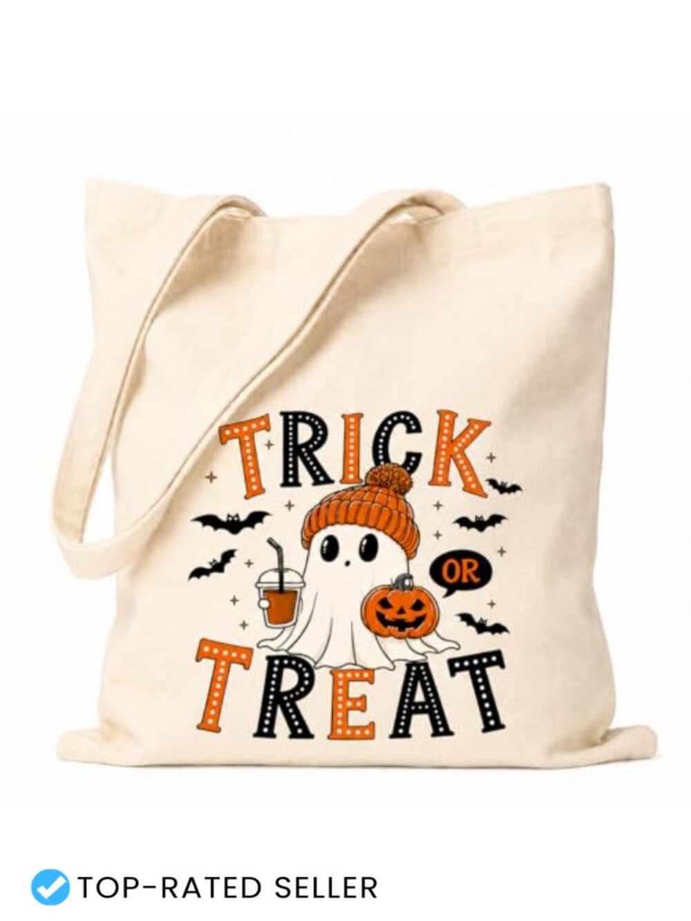 Reusable Cotton Canvas Halloween Ghost Tote Bag, Trick or Treat Carryall
